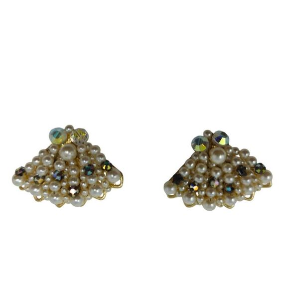 Vintage Pearl and Crystal Fan Clip-On Earrings | Hallmarked Japan - Picture 2 of 5